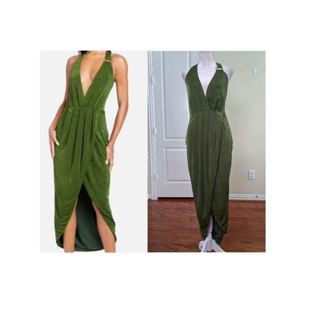 NEW Bebe Halter Wrap Slinky Midi Dress Green XXS Y2k Grecian Wedding Holidays